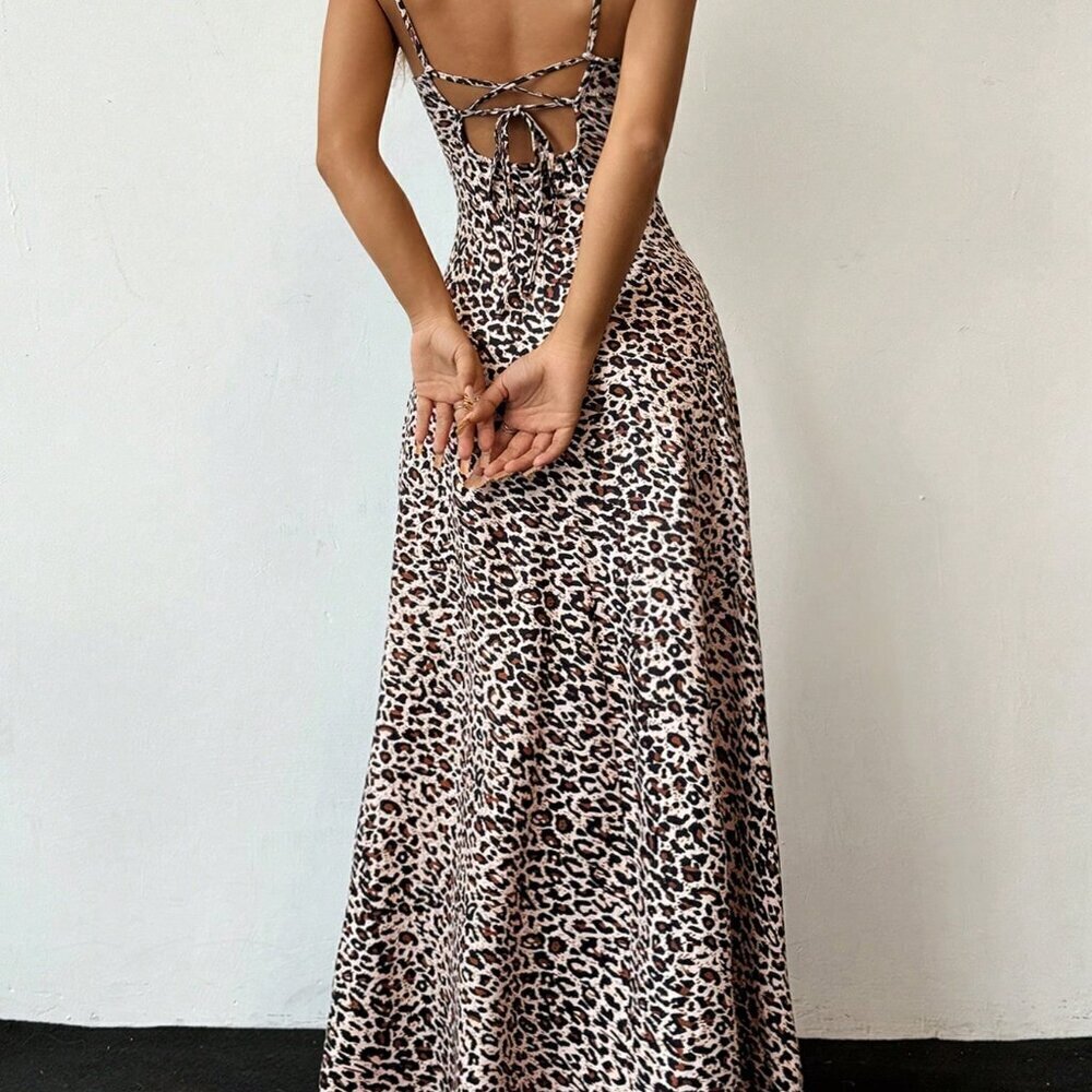 Multicolor Sexy Women's Leopard Print Backless Strappy Swing Dress - Picture 3 of 6